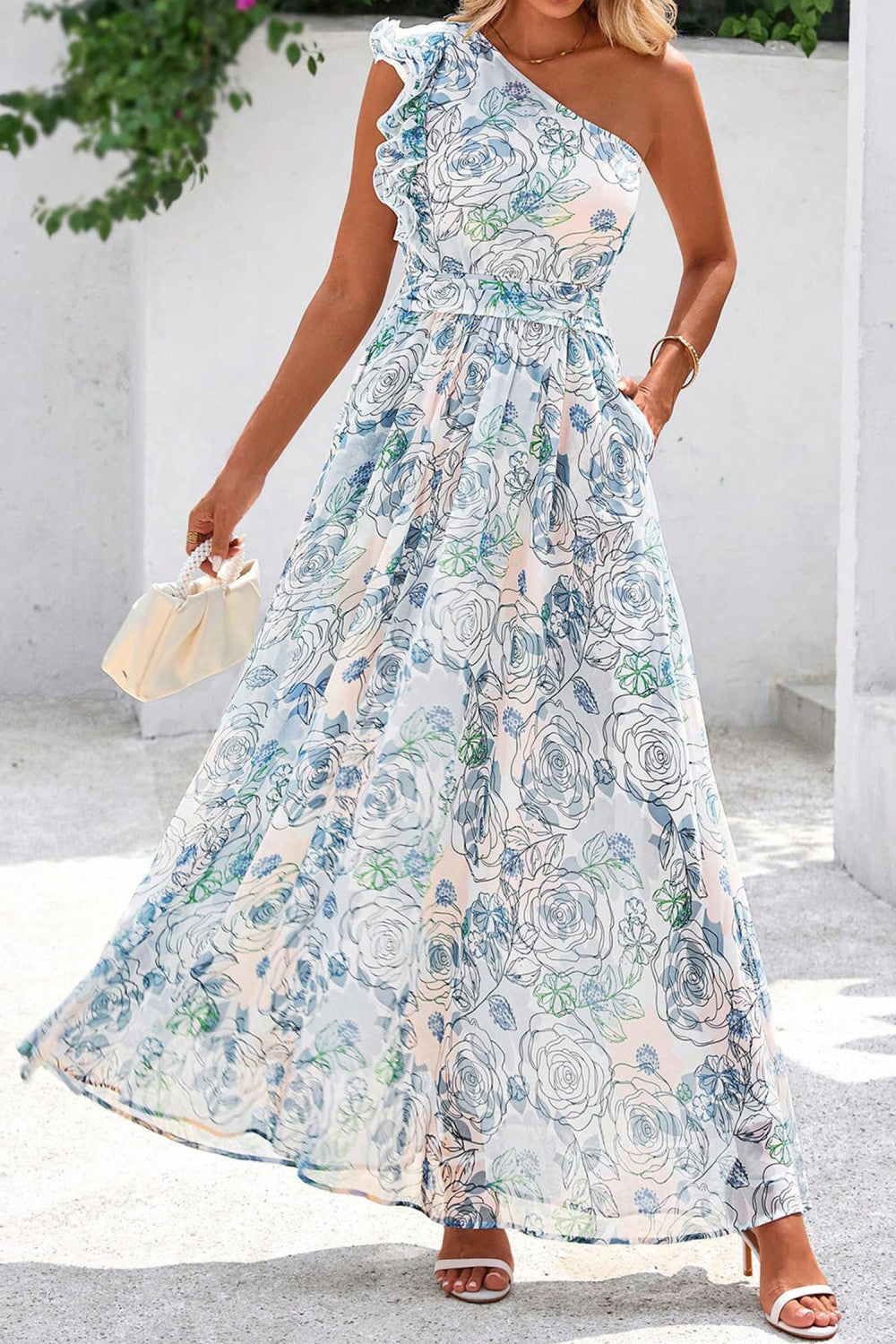 Sky Blue Floral Print Ruffled One Shoulder Vacation Maxi Dress - PREORDER