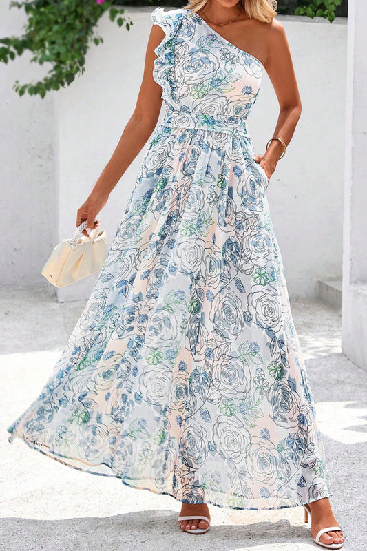 Sky Blue Floral Print Ruffled One Shoulder Vacation Maxi Dress - PREORDER