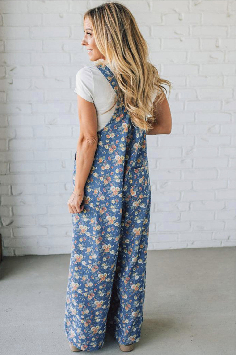 Blue Vintage Rose Printed Pleated Loose Denim Overall Jumpsuit - PREORDER
