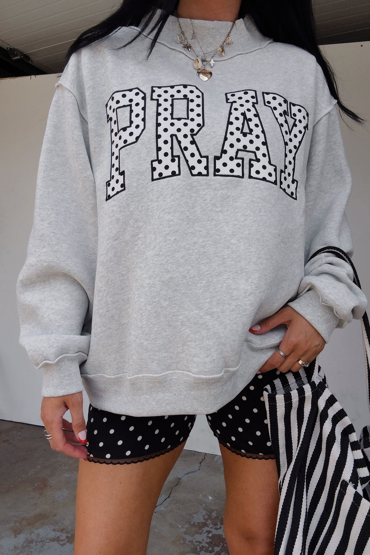 Gray PRAY Polka Dot Embroidered Mock Neck Sweatshirt - PREORDER