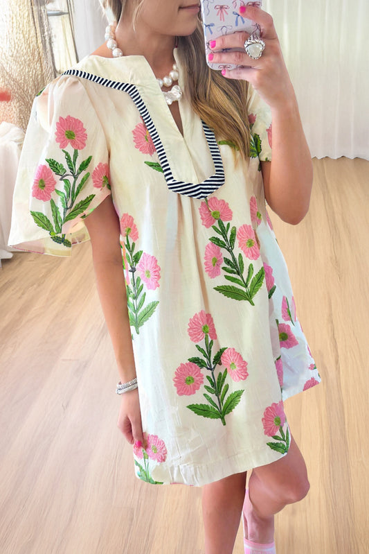 Floral Short Sleeve Split Neck Loose Mini Dress - PREORDER