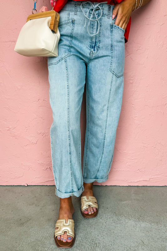 Denim Exposed Stitch Detail Drawstring Barrel Jeans - PREORDER