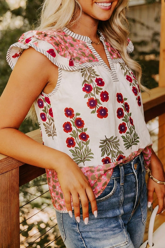White Floral Print Contrast Striped Trim Flutter Cotton Blouse - PREORDER