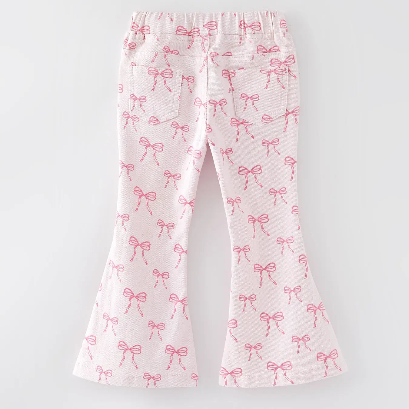 Girls Pink Bow Print Elastic Flared Jeans PREORDER