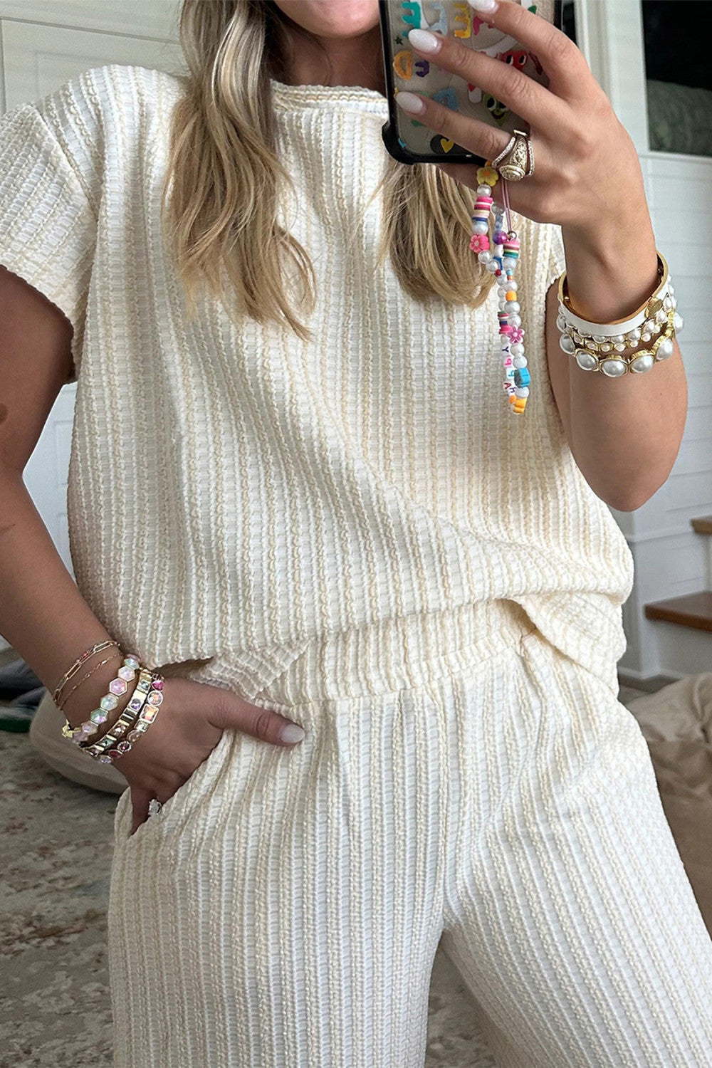 Beige Texture Loose Short Sleeve Top and Cropped Pant Set - PREORDER