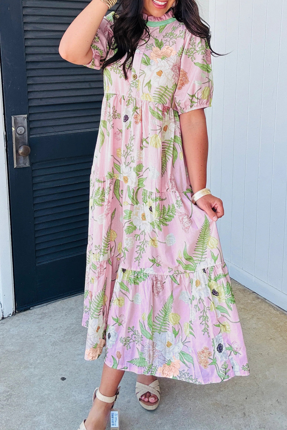 Pink Floral Print Short Puff Sleeve High Waist Tiered Maxi Dress