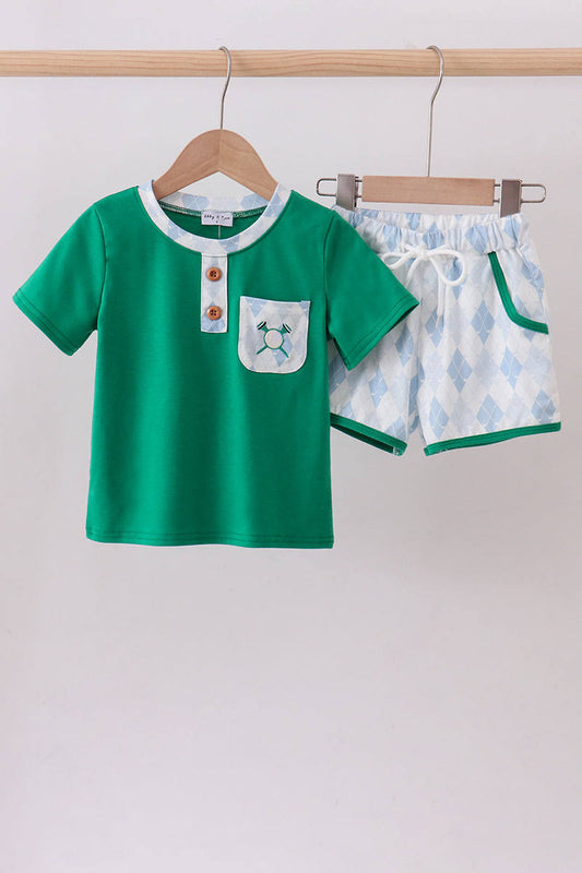 BOYS GREEN GOLF EMBROIDERY SHORTS SET